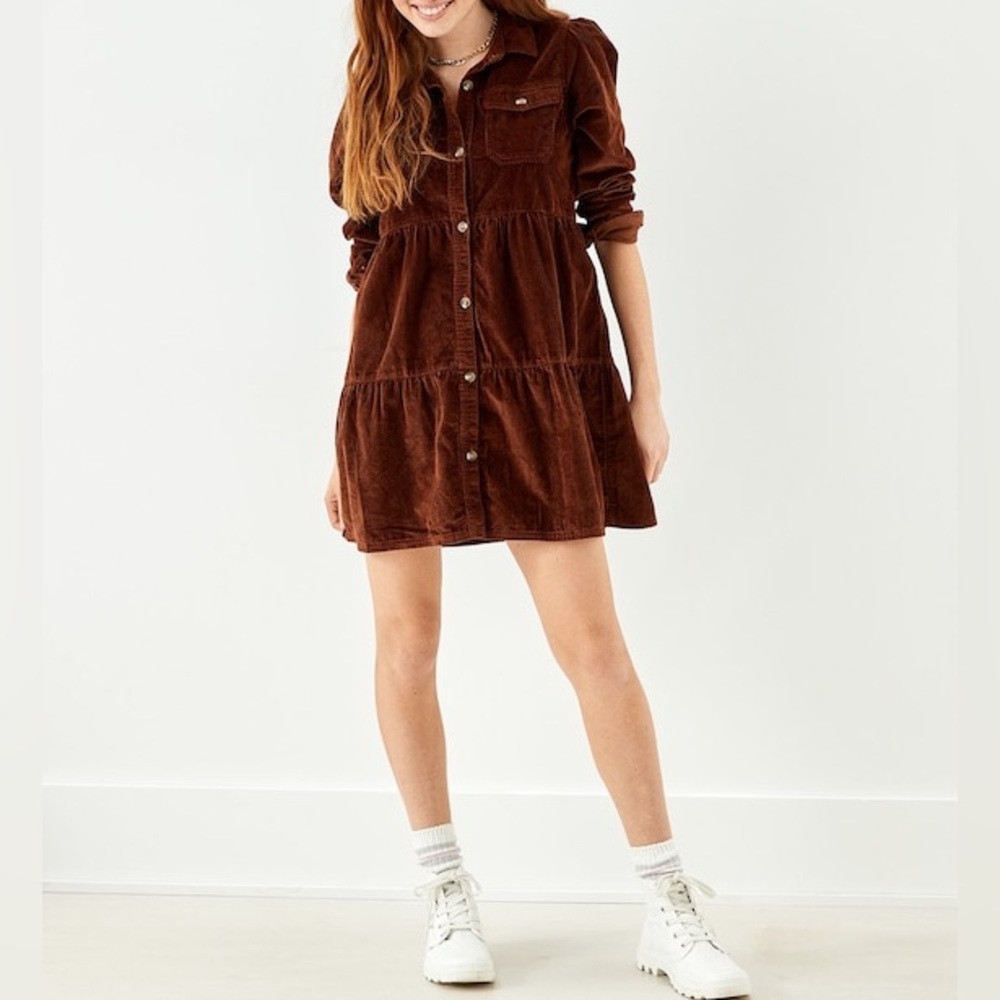 American Eagle Women Corduroy Button Up Brown Babydoll Shirt Dress Size S